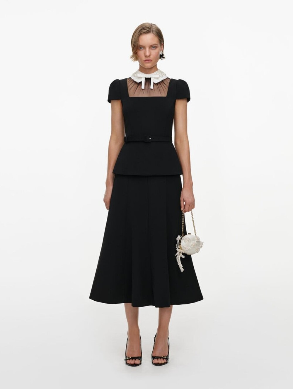 Self Portrait Black Crepe Bow Peplum Midi Dress